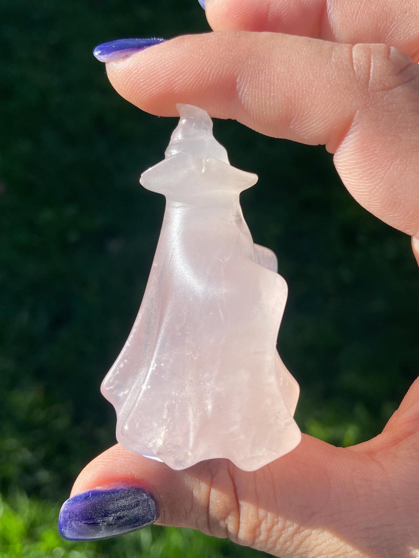 Rose Quartz Ghost Carving w/ Witch’s Hat, Hand-carved