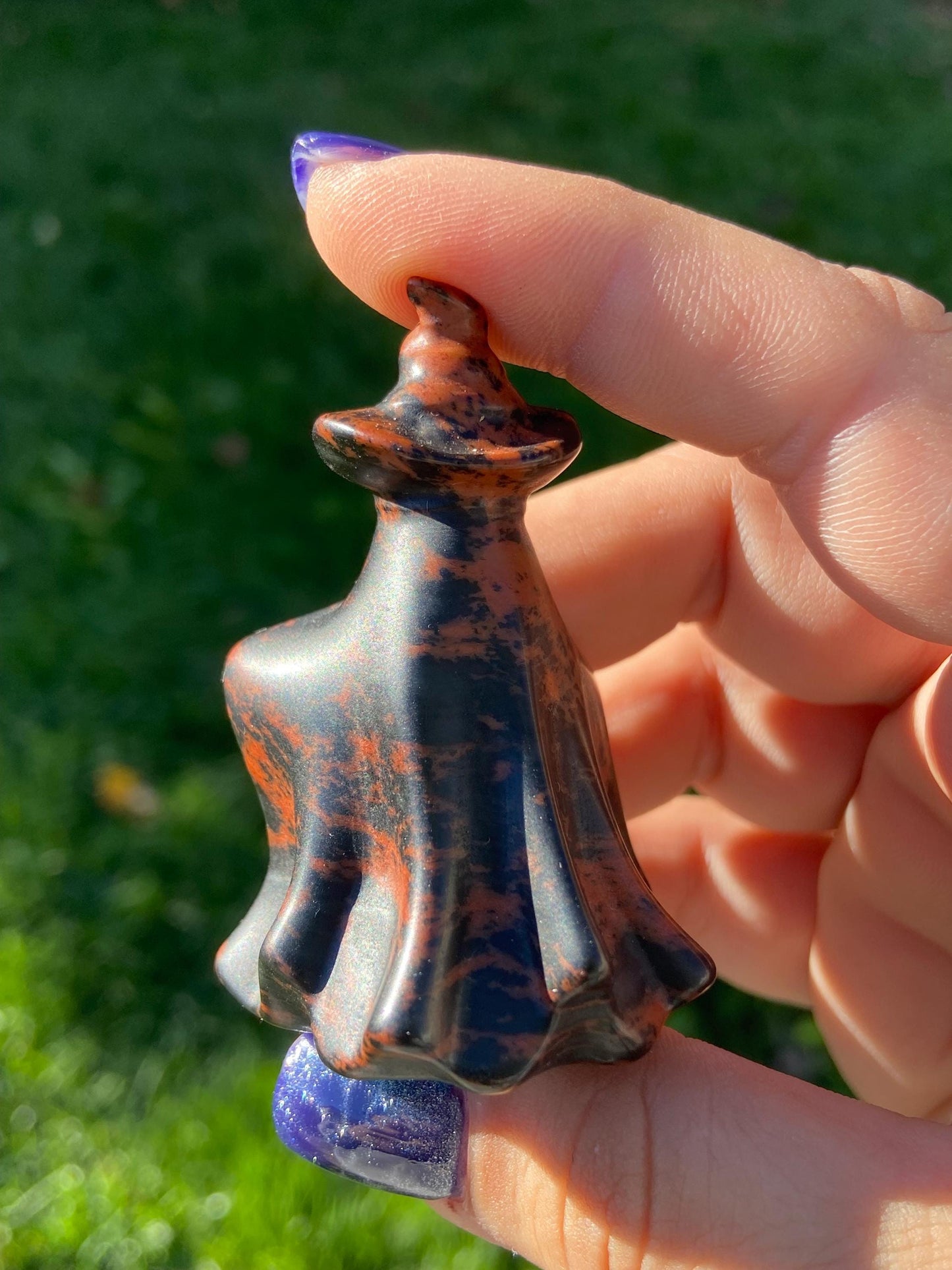 Mahogany Obsidian Ghost Carving w/ Witch’s Hat, Hand-carved
