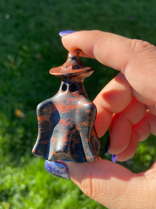 Mahogany Obsidian Ghost Carving w/ Witch’s Hat, Hand-carved