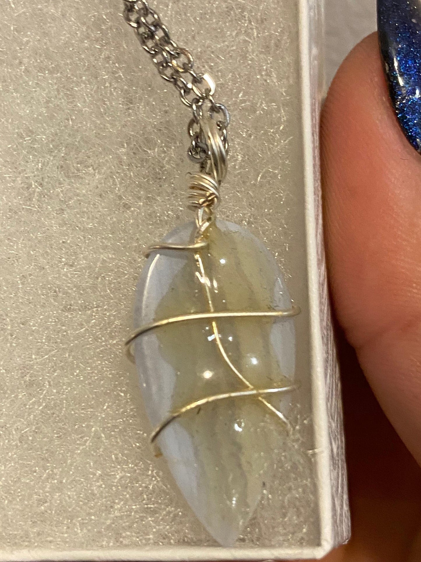 Hand-wrapped Blue Lace Agate w/ Moldavite Necklace (Silver)
