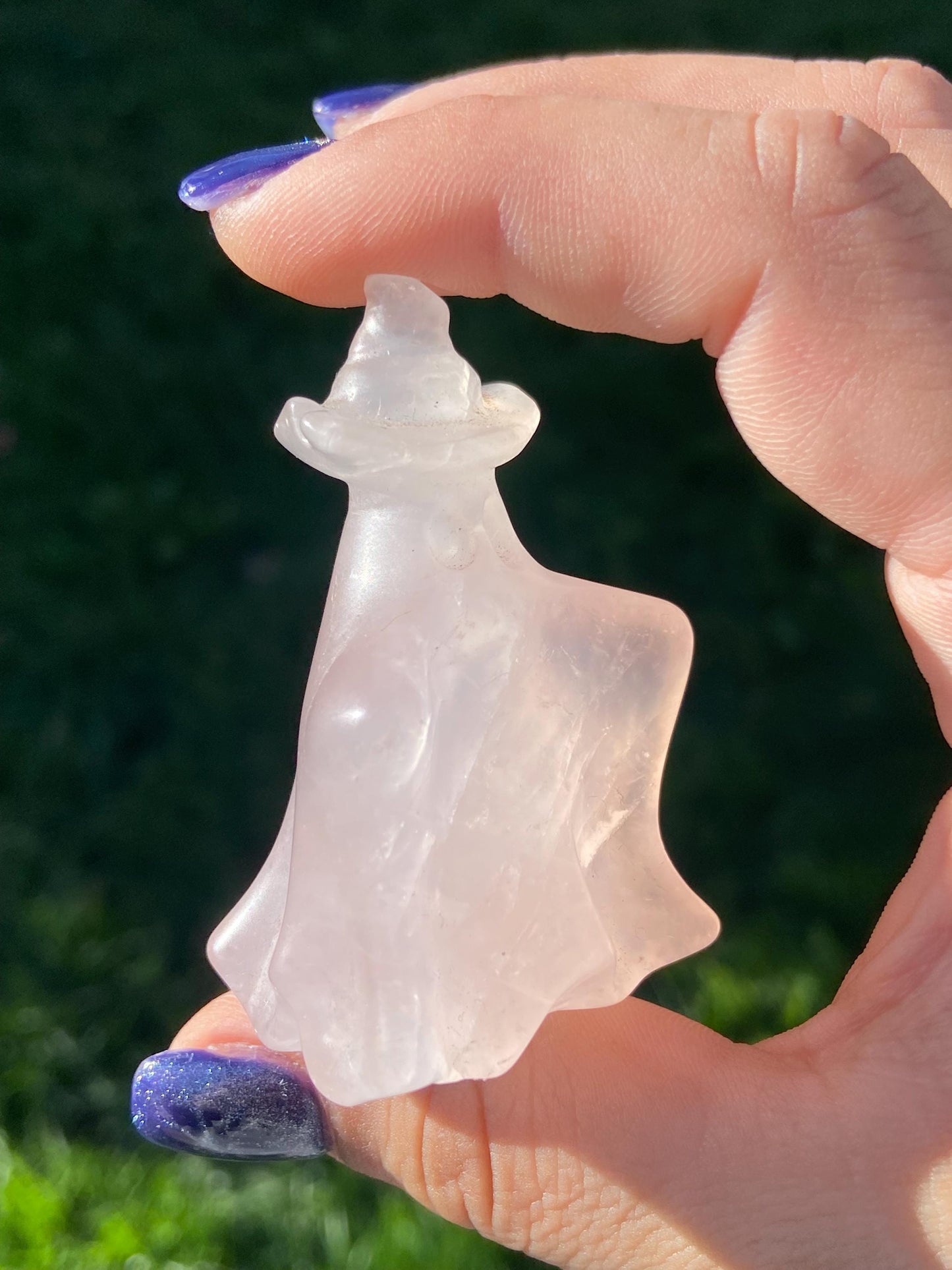 Rose Quartz Ghost Carving w/ Witch’s Hat, Hand-carved