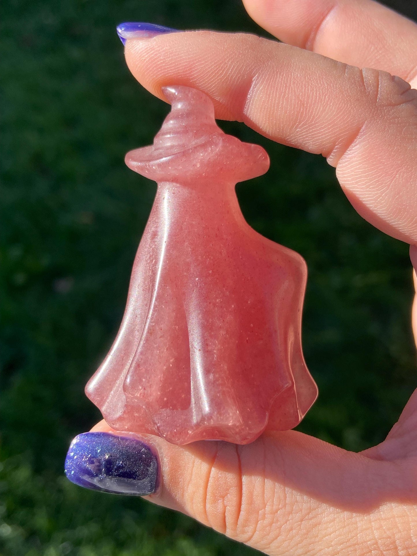 Strawberry Quartz Ghost Carving w/ Witch’s Hat, Hand-carved
