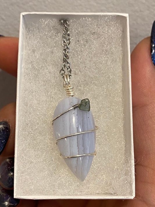 Hand-wrapped Blue Lace Agate w/ Moldavite Necklace (Silver)