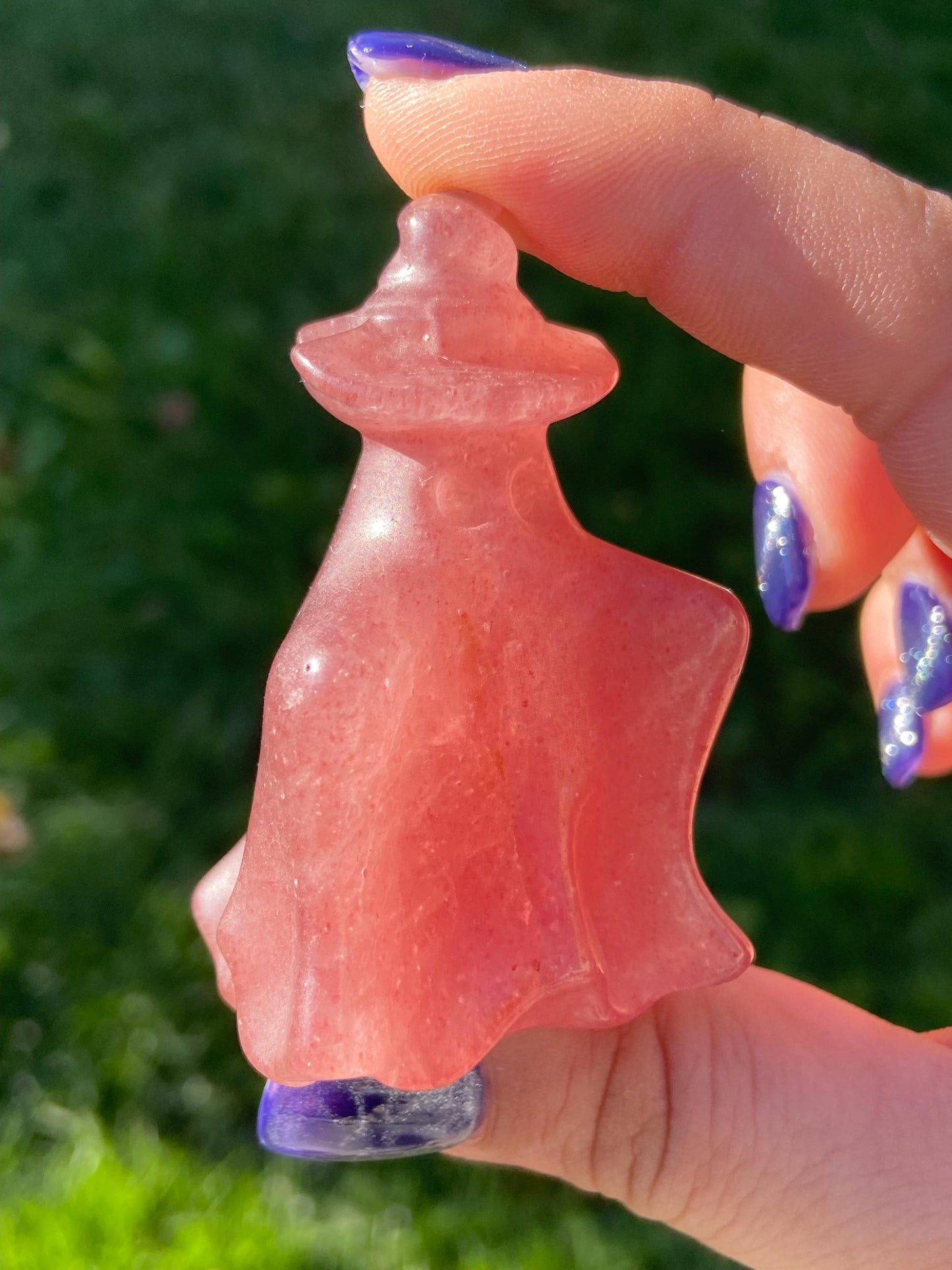 Strawberry Quartz Ghost Carving w/ Witch’s Hat, Hand-carved