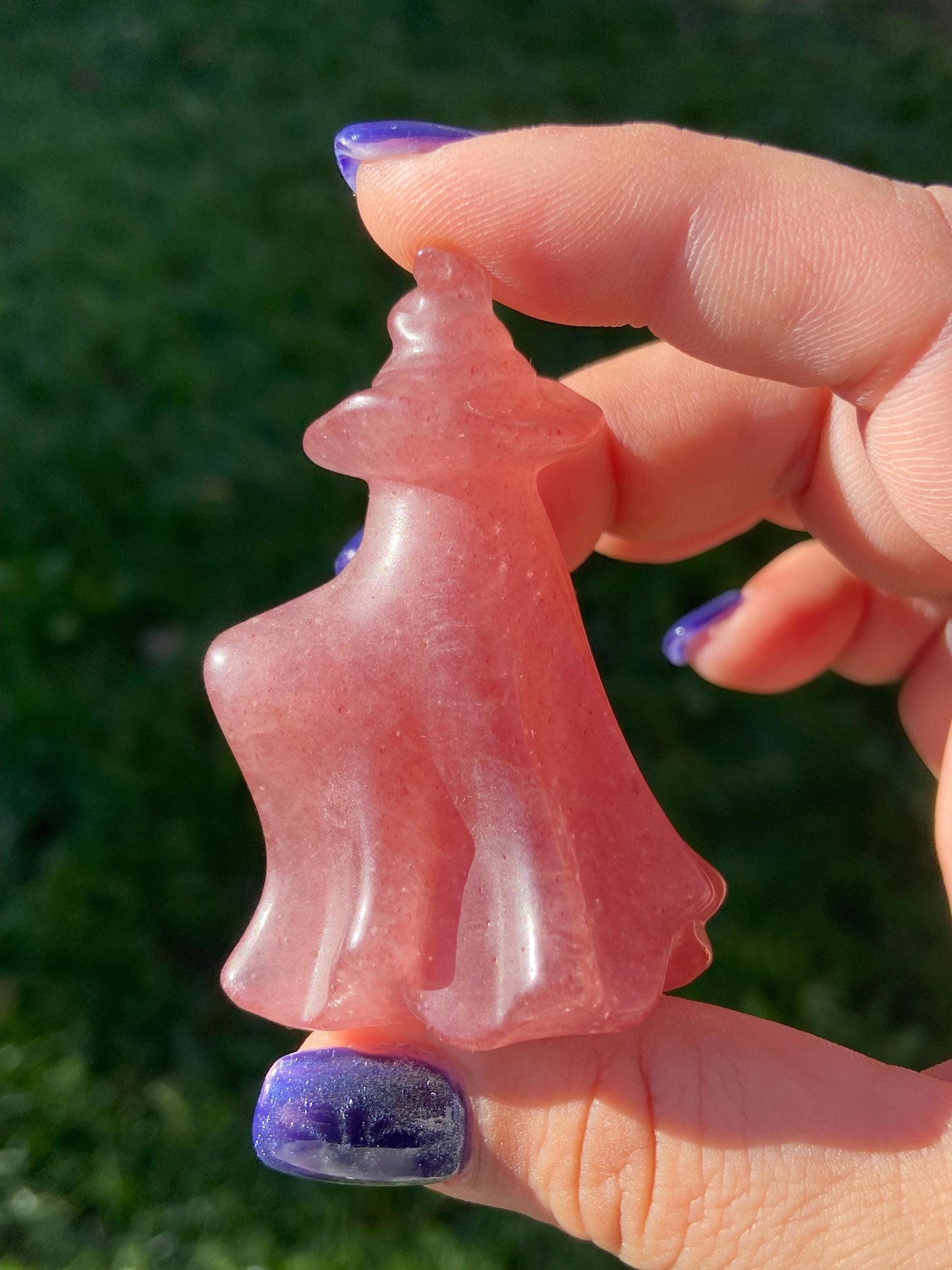 Strawberry Quartz Ghost Carving w/ Witch’s Hat, Hand-carved