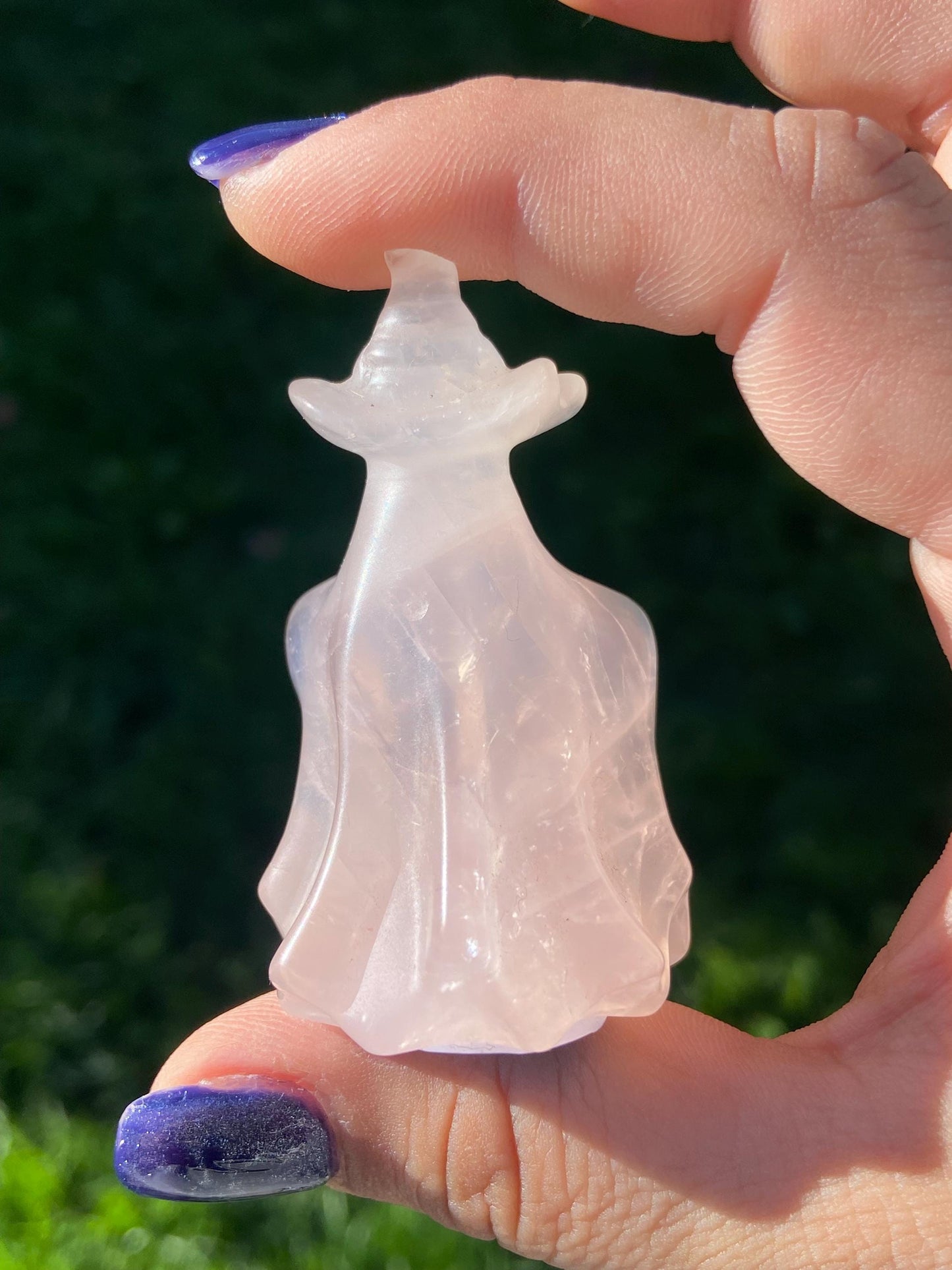 Rose Quartz Ghost Carving w/ Witch’s Hat, Hand-carved