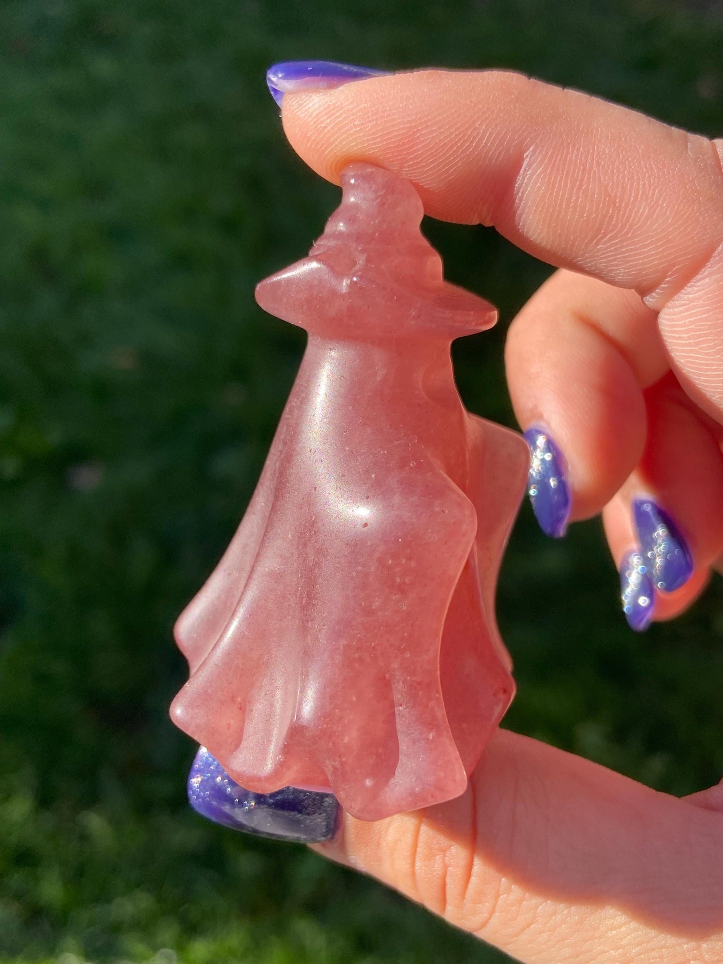 Strawberry Quartz Ghost Carving w/ Witch’s Hat, Hand-carved