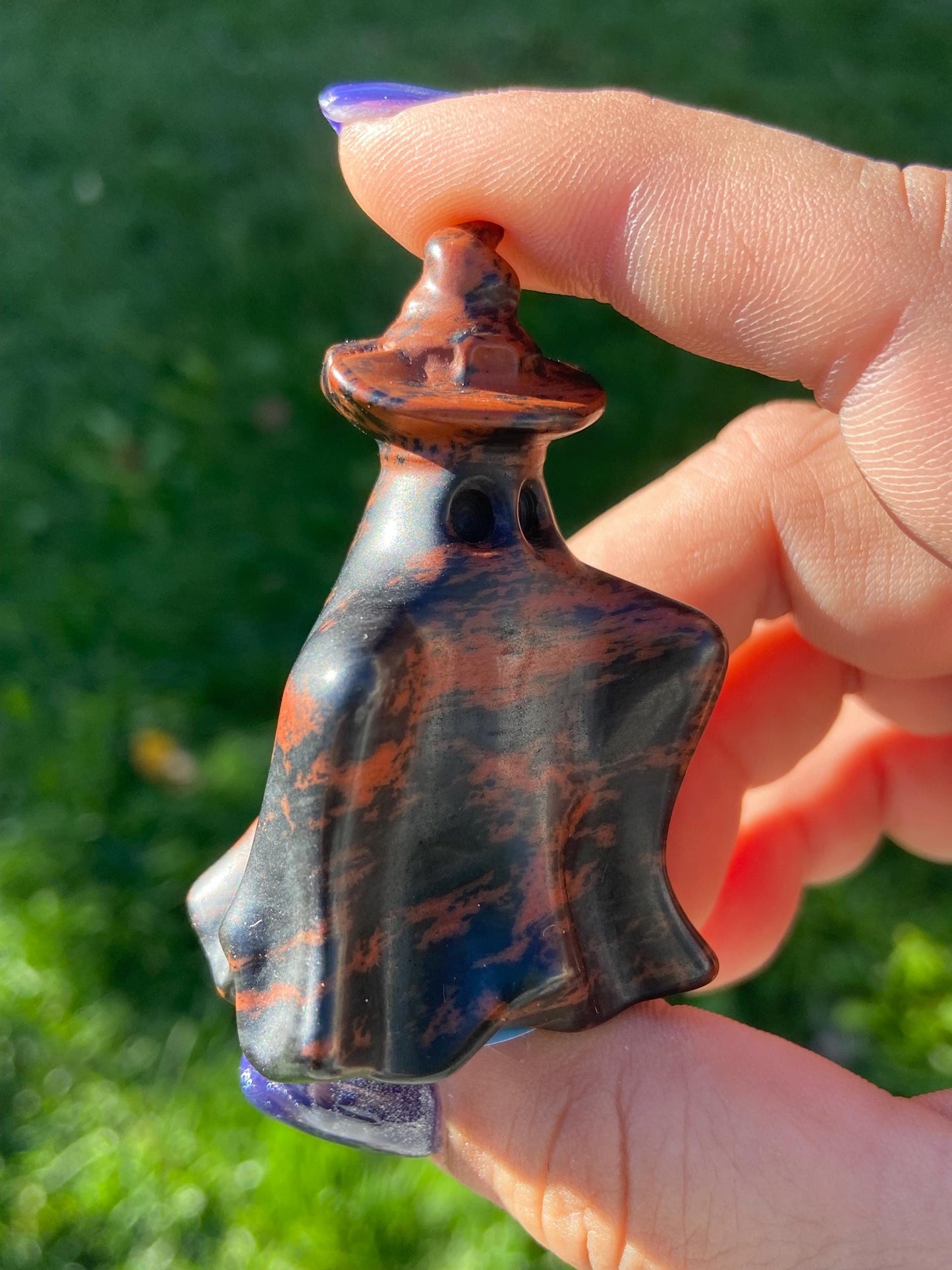 Mahogany Obsidian Ghost Carving w/ Witch’s Hat, Hand-carved