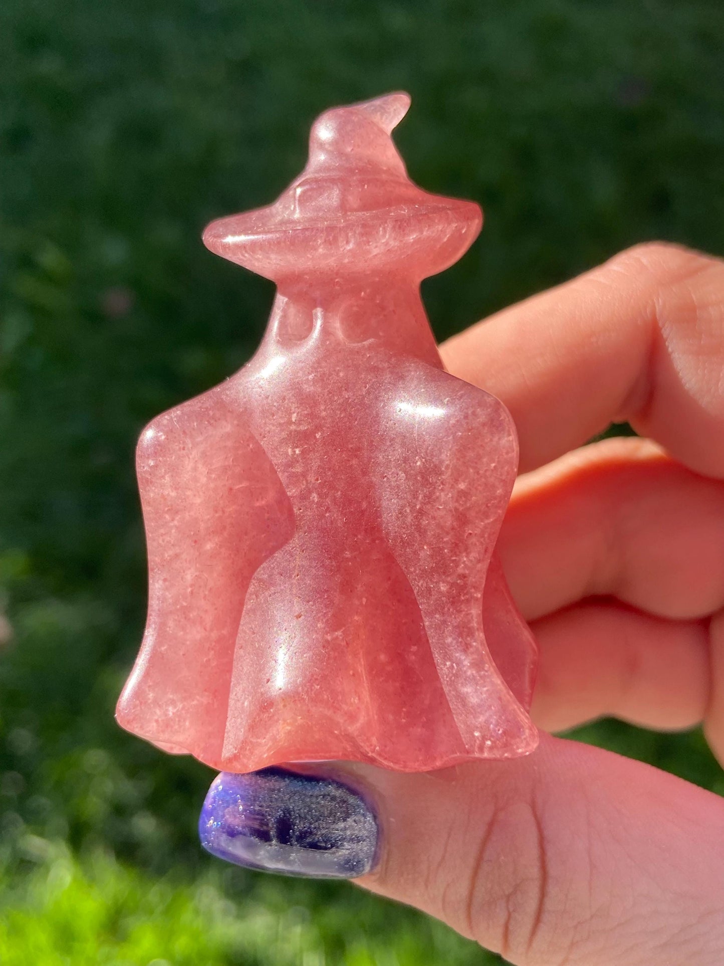 Strawberry Quartz Ghost Carving w/ Witch’s Hat, Hand-carved