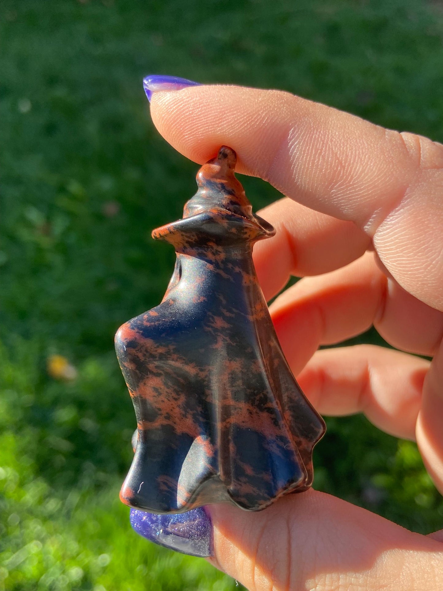Mahogany Obsidian Ghost Carving w/ Witch’s Hat, Hand-carved
