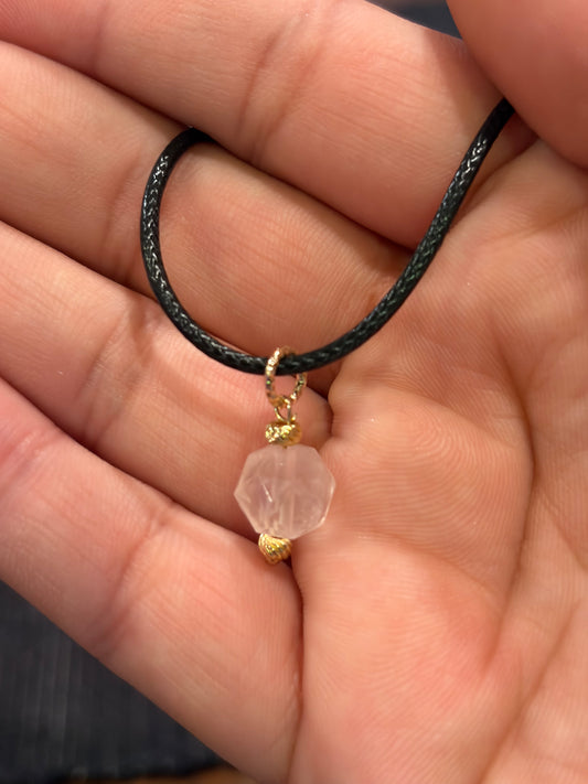 Faceted Rose Quartz Necklace with Black Cord Chain