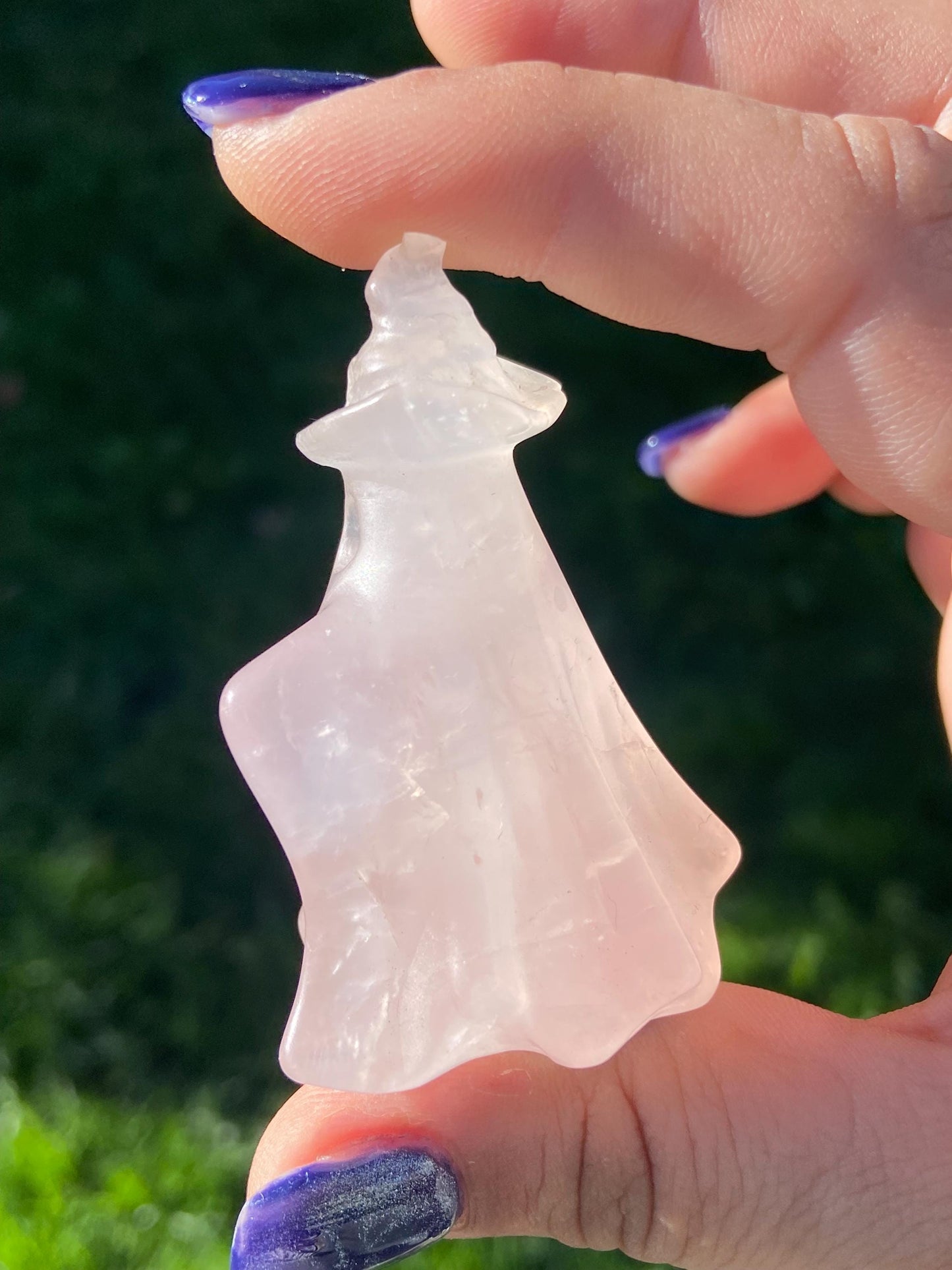 Rose Quartz Ghost Carving w/ Witch’s Hat, Hand-carved
