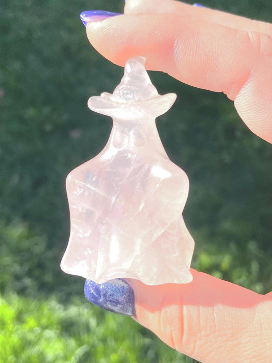 Rose Quartz Ghost Carving w/ Witch’s Hat, Hand-carved