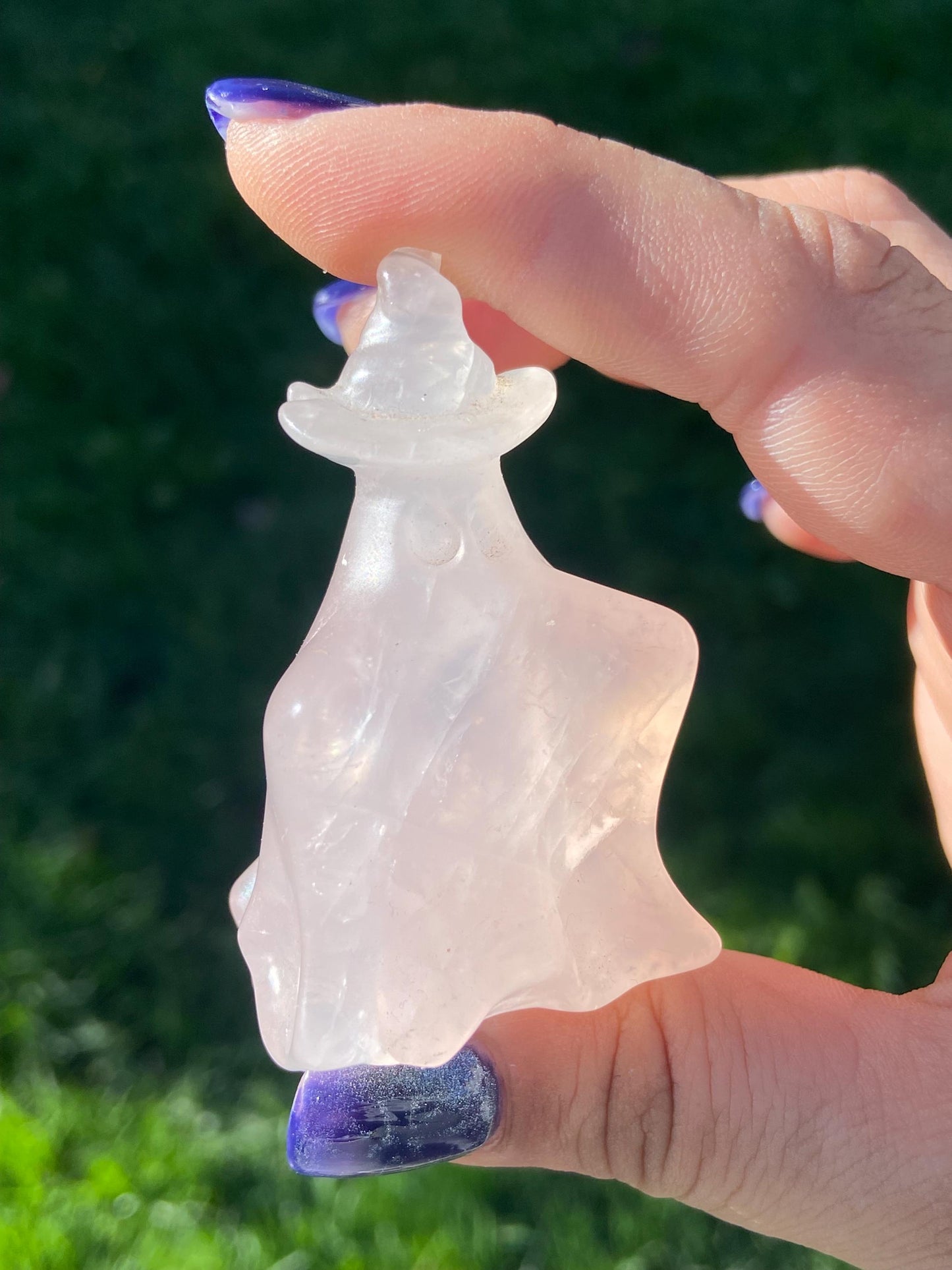 Rose Quartz Ghost Carving w/ Witch’s Hat, Hand-carved
