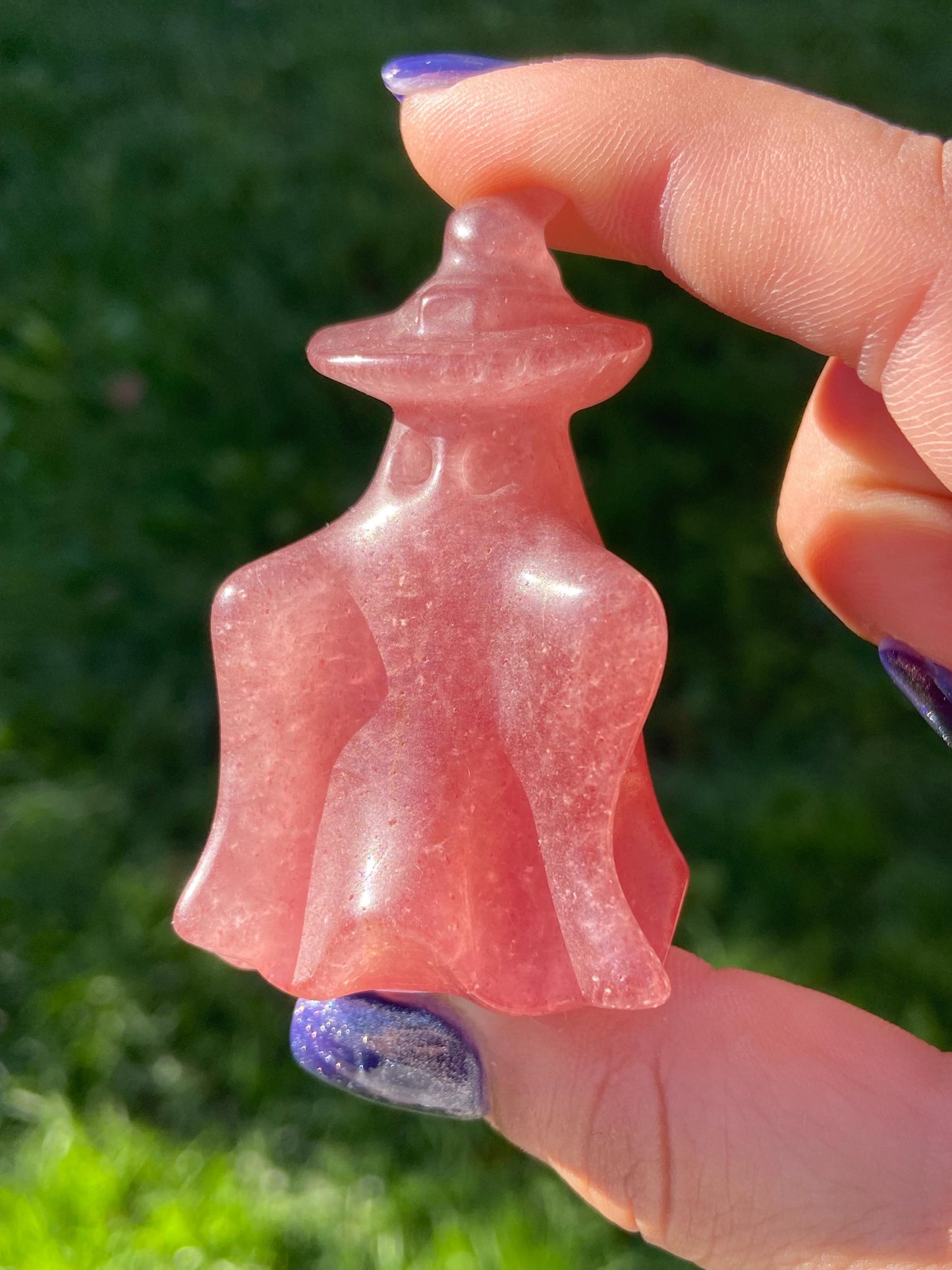 Strawberry Quartz Ghost Carving w/ Witch’s Hat, Hand-carved