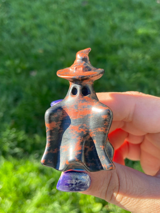 Mahogany Obsidian Ghost Carving w/ Witch’s Hat, Hand-carved