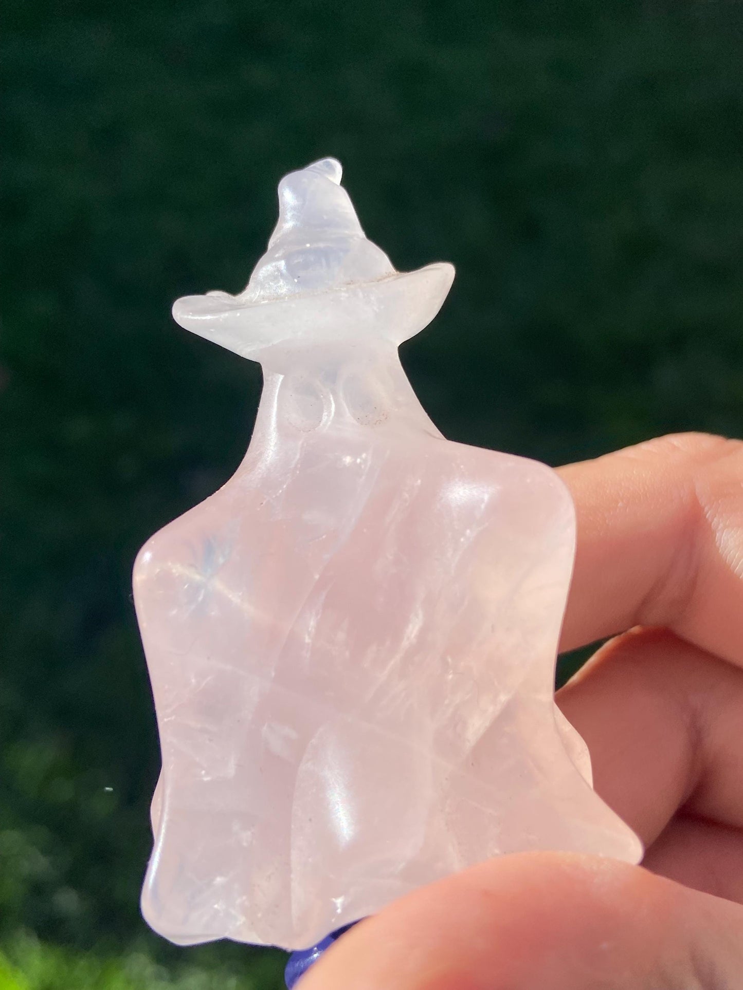 Rose Quartz Ghost Carving w/ Witch’s Hat, Hand-carved
