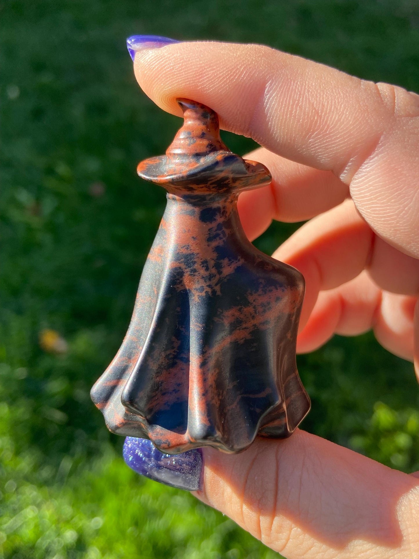 Mahogany Obsidian Ghost Carving w/ Witch’s Hat, Hand-carved
